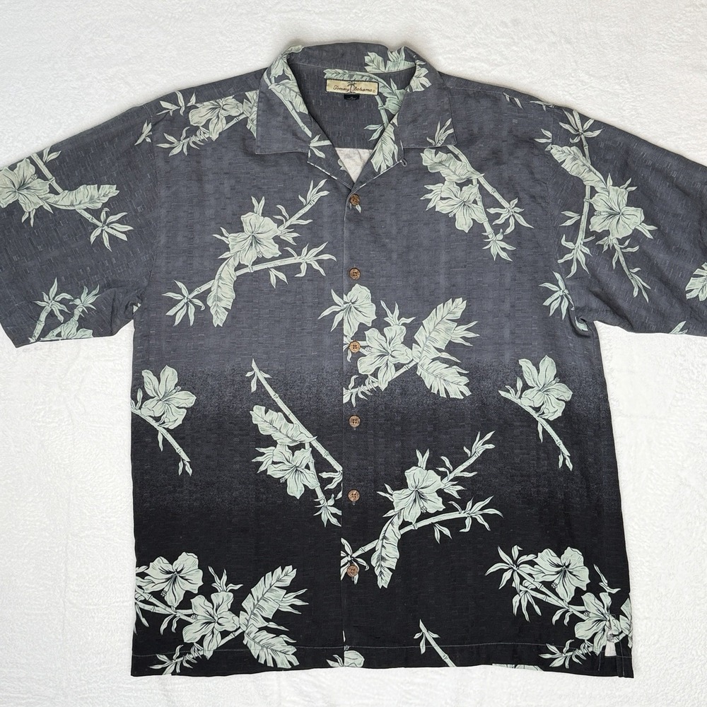Tommy Bahama Silk Hawaiian Camp Shirt M Black Floral Hibiscus Tropical Aloha